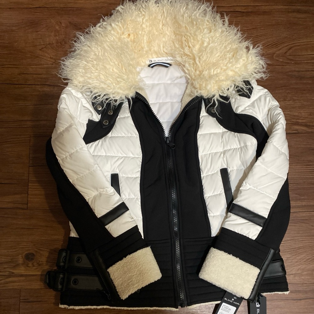 Blanc Noir Womens White Faux Fur Trim Aviator Moto Puffer Jacket Coat NWT